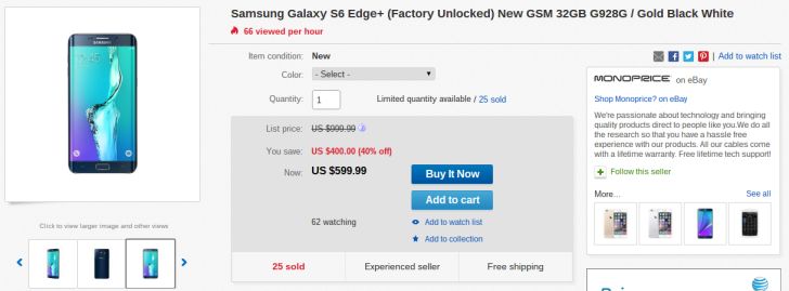 Fotografía - [Offre Alerte] débloqué 32 Go Samsung Galaxy S6 bord + (G928G) jusqu'à 600 $ sur eBay